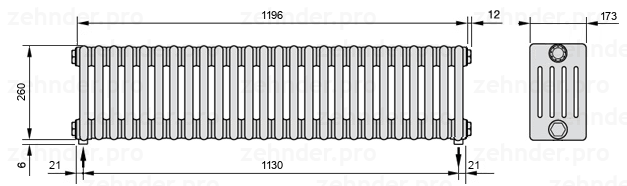 Схема (чертеж) Радиатор Zehnder Charleston 5026/26 №5310 Белый глянцевый RAL 9016